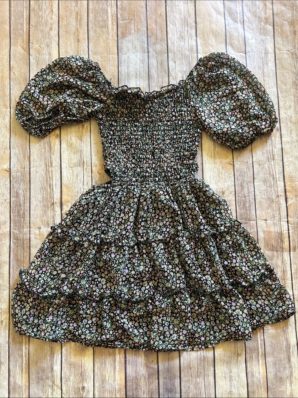 art class Black Floral Smocked Puff-Sleeve Tiered Dress